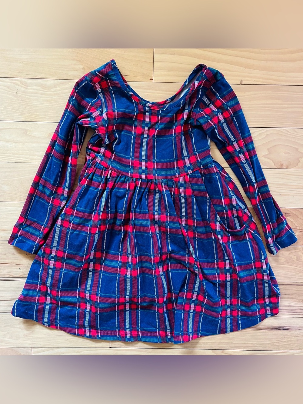 Hanna Andersson Long Sleeve Skater Dress with Pockets Navy Red Plaid Size 4